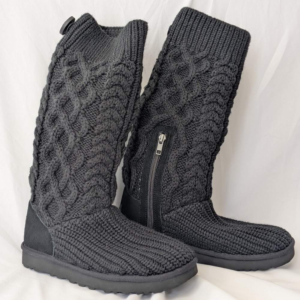 UGG Classic Cardi Black Cable Knit Tall Zipper 1 Button Boots Women's Size 7